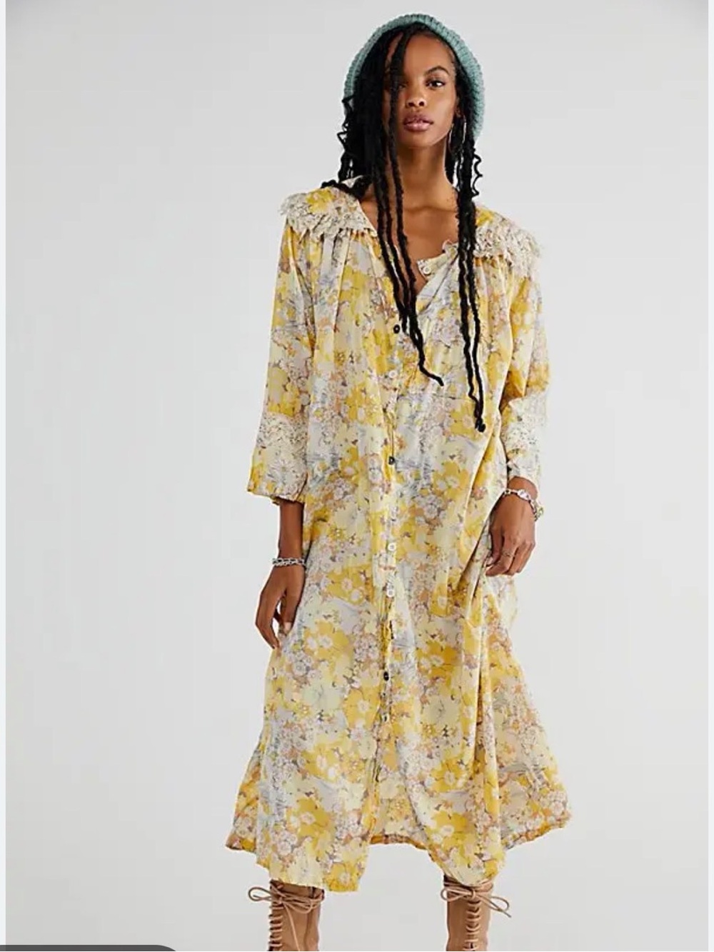 Magnolia Pearl Lila Bell Dress in yellow floral print, tattered lace on collar.